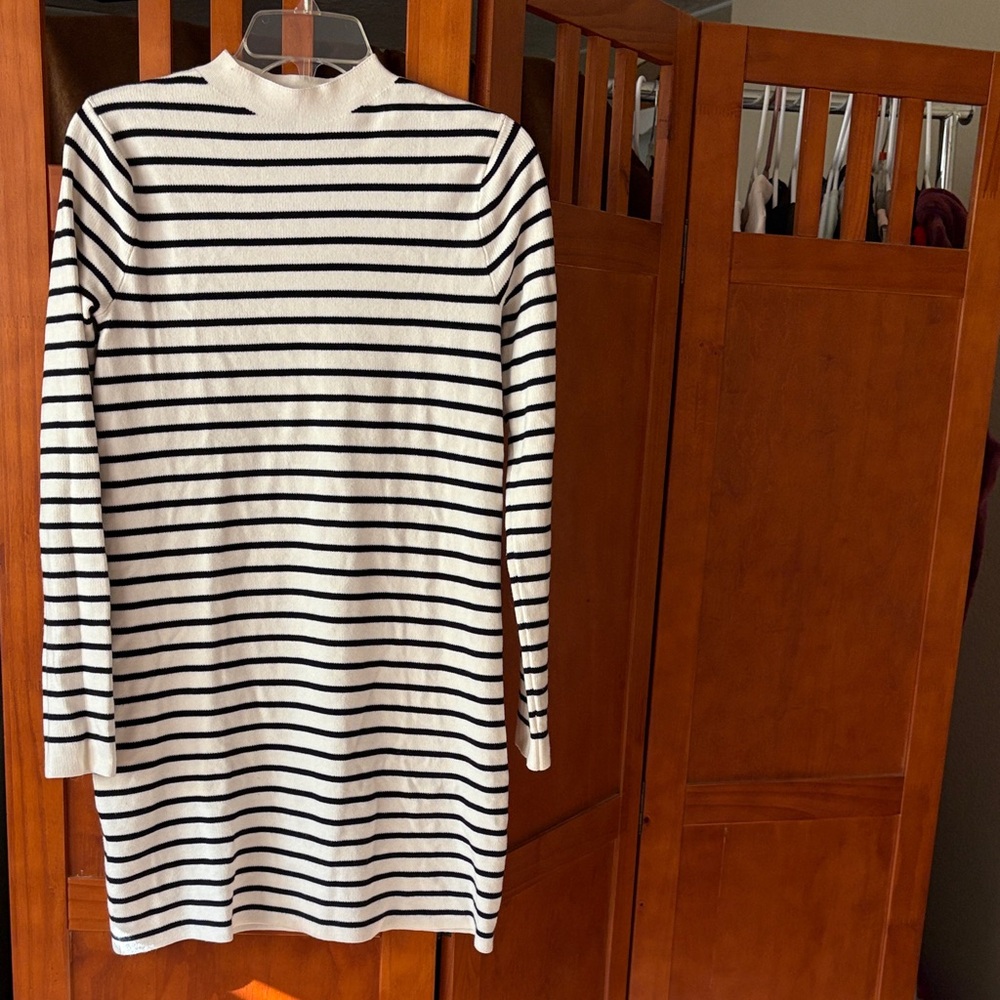 MNG Mango Black and White Striped Long Sleeve Mock Turtleneck Dress
